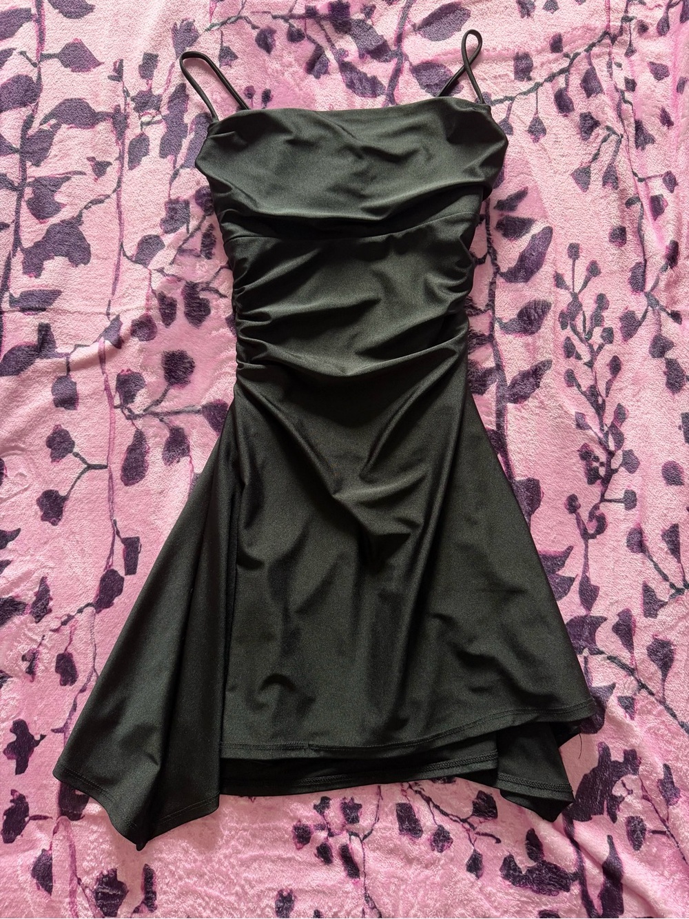 Windsor Black Spaghetti-Strap Ruched Fit-and-Flare Mini Dress